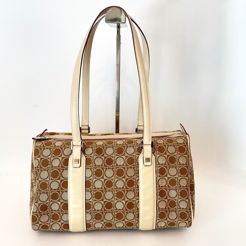Salvatore Ferragamo Gancini Logo Canvas Boston Shoulder Hand Bag Brown Tan